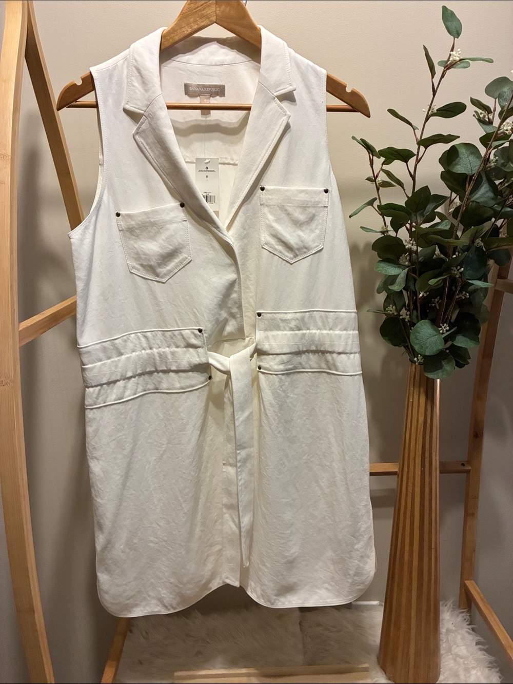 Banana Republic Cream Sleeveless Tie-Waist Shirt Dress a223